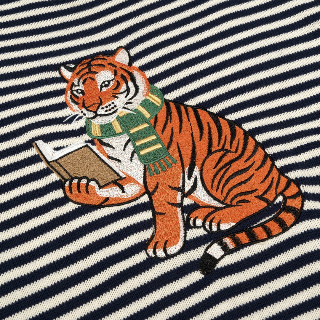 Women's Navy Blue Striped Tiger Embroidered Knit Shirt