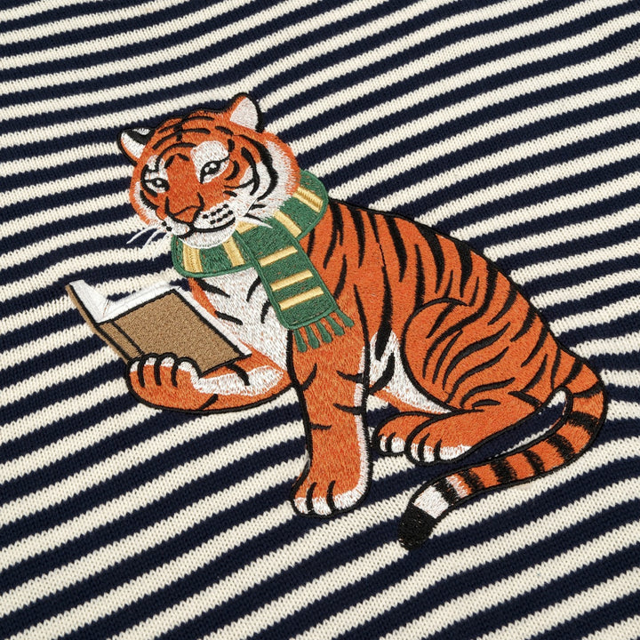 Women's Navy Blue Striped Tiger Embroidered Knit Shirt