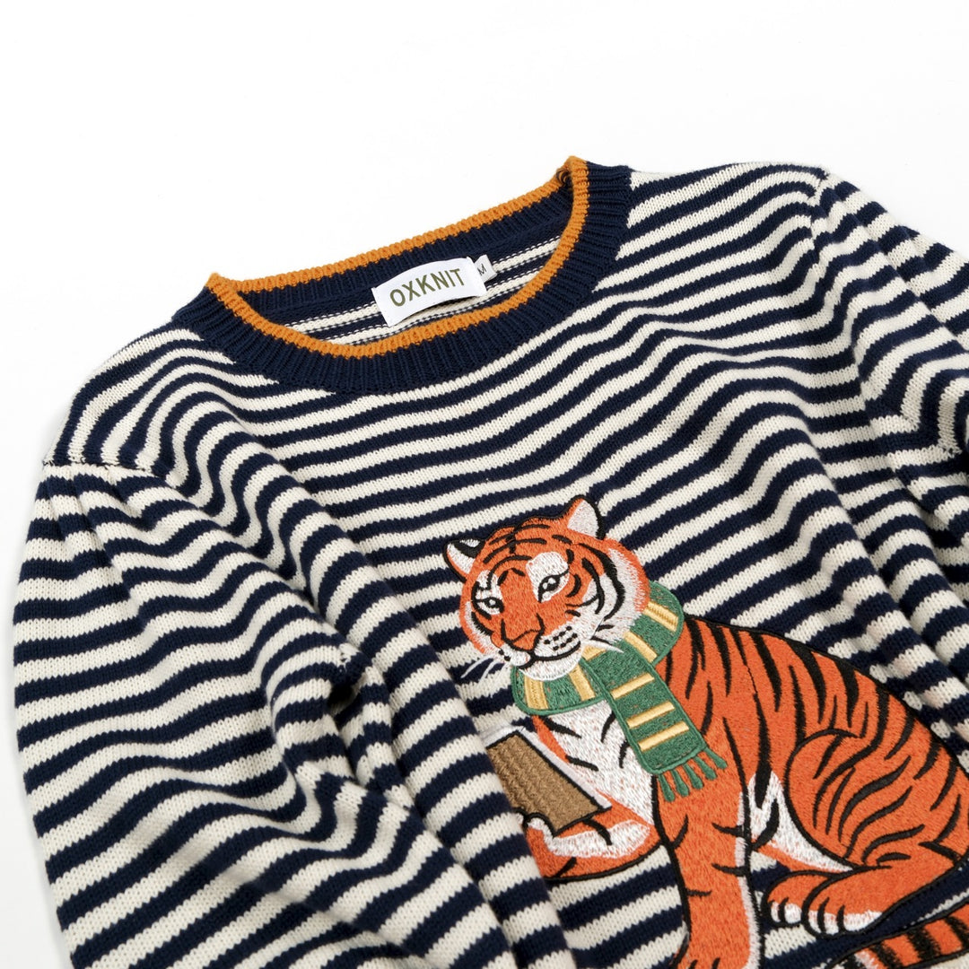 Women's Navy Blue Striped Tiger Embroidered Knit Shirt