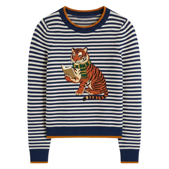 Women's Navy Blue Striped Tiger Embroidered Knit Shirt