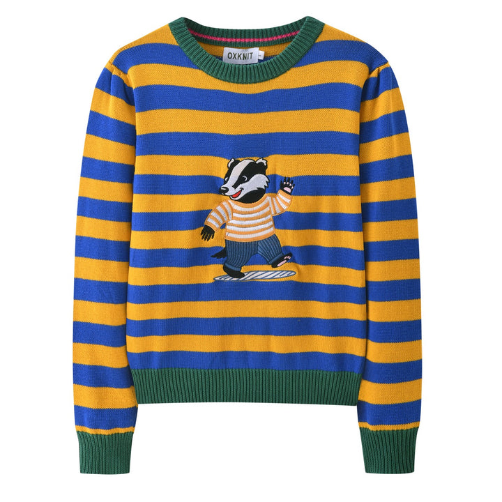 Pull tricoté rayé jaune et bleu pour femme avec blaireau brodé