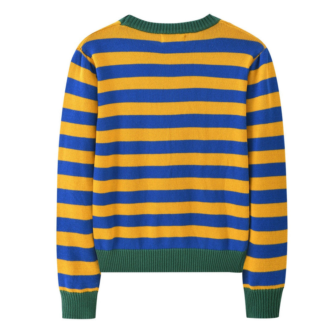 Pull tricoté rayé jaune et bleu pour femme avec blaireau brodé
