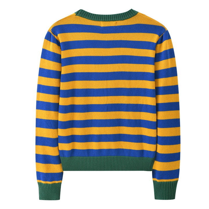 Pull tricoté rayé jaune et bleu pour femme avec blaireau brodé