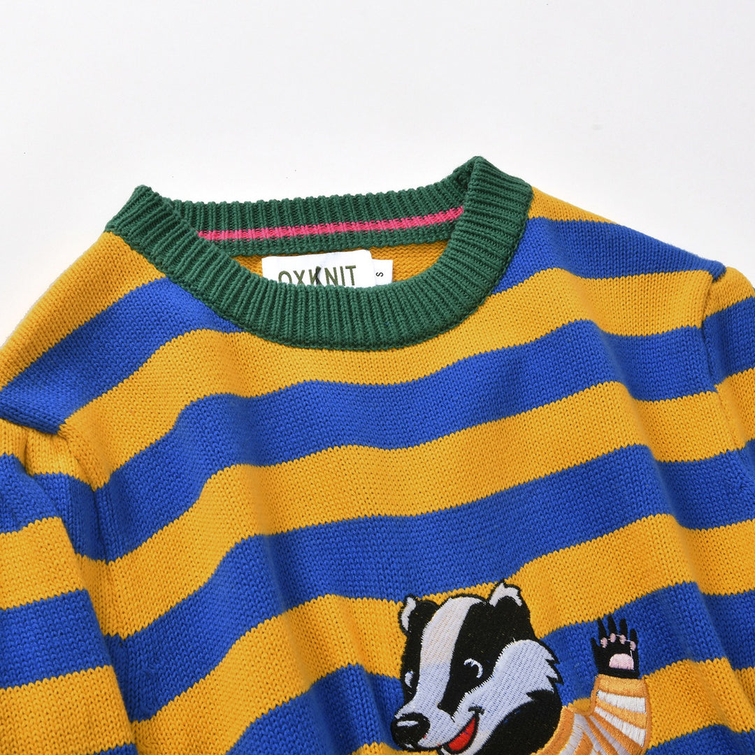 Pull tricoté rayé jaune et bleu pour femme avec blaireau brodé