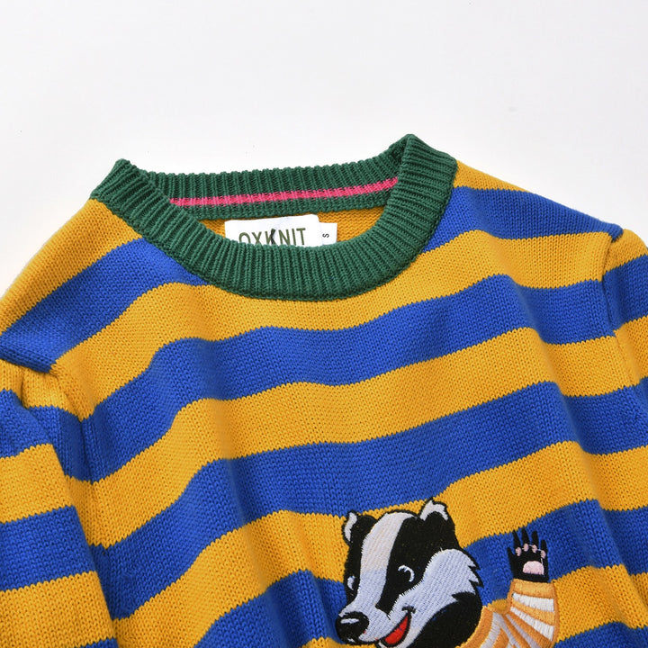 Pull tricoté rayé jaune et bleu pour femme avec blaireau brodé