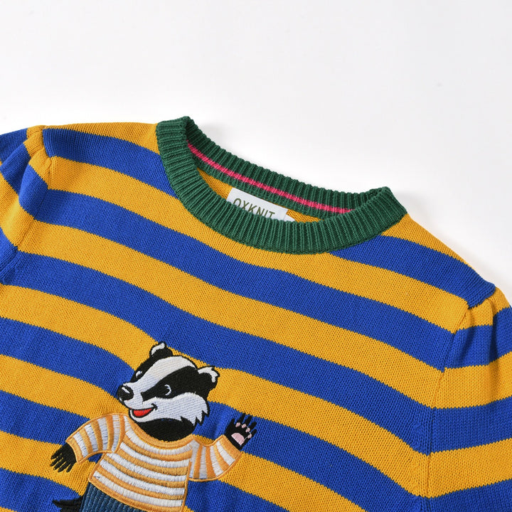Pull tricoté rayé jaune et bleu pour femme avec blaireau brodé