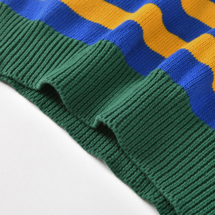 Pull tricoté rayé jaune et bleu pour femme avec blaireau brodé