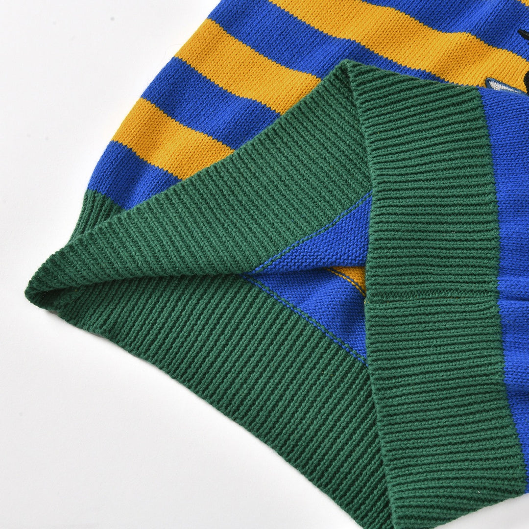 Pull tricoté rayé jaune et bleu pour femme avec blaireau brodé