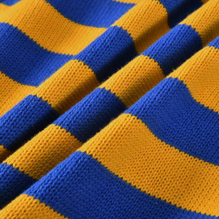 Pull tricoté rayé jaune et bleu pour femme avec blaireau brodé
