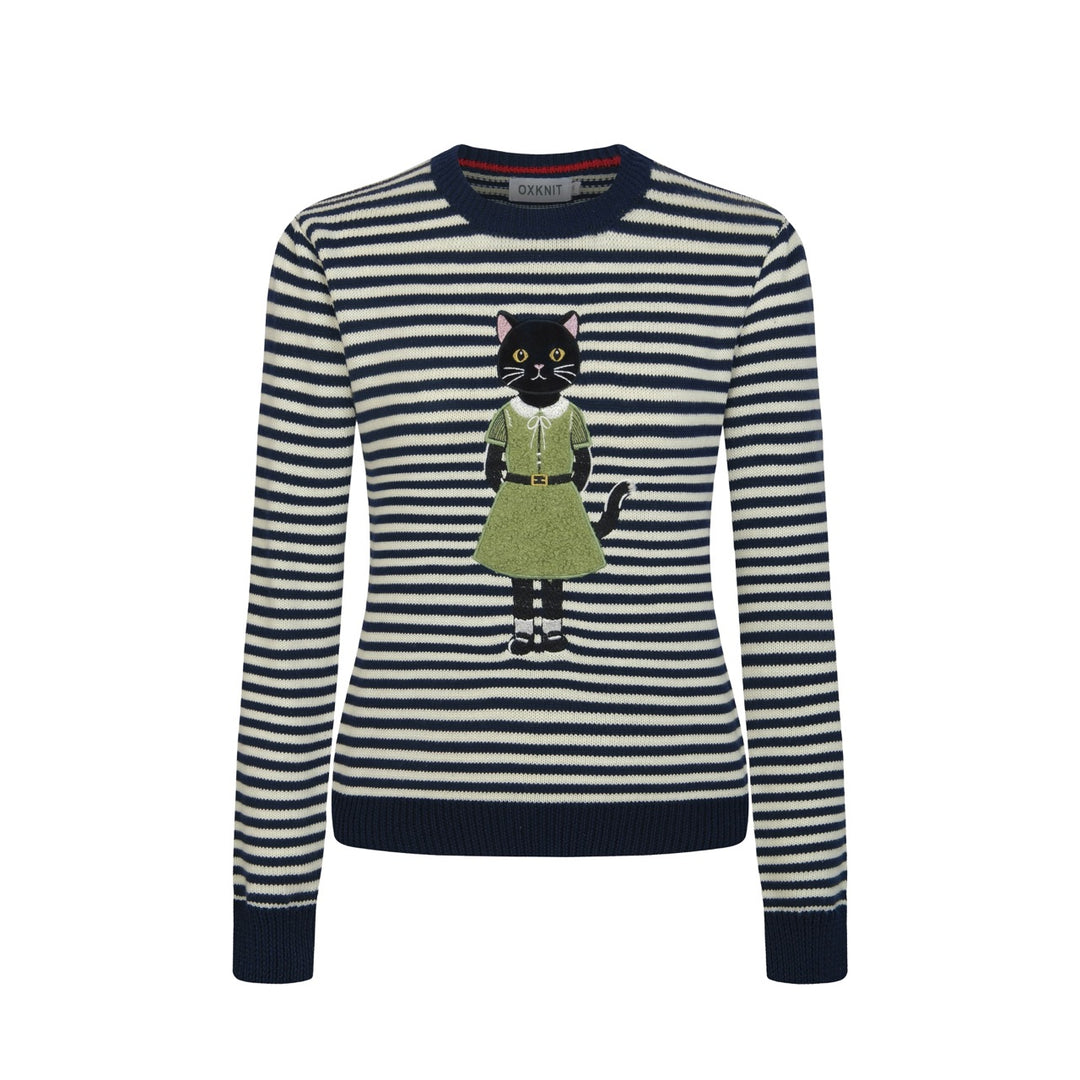 Women's Navy blue and White Striped Fun Cat Embroidered knitwear