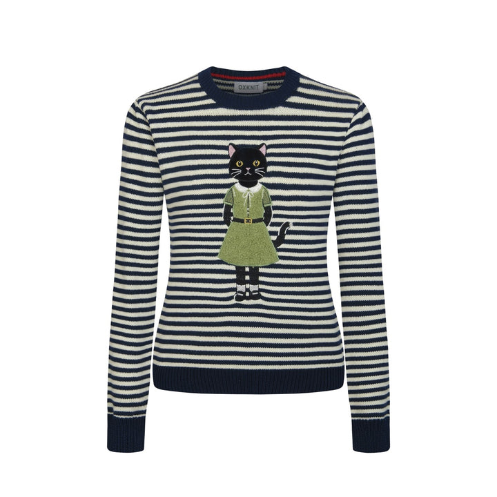 Women's Navy blue and White Striped Fun Cat Embroidered knitwear