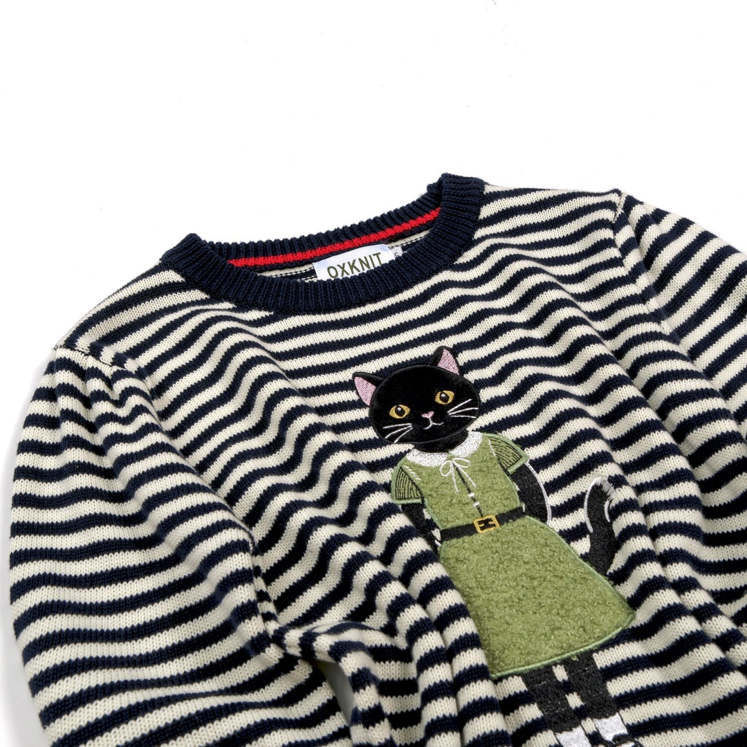 Women's Navy blue and White Striped Fun Cat Embroidered knitwear