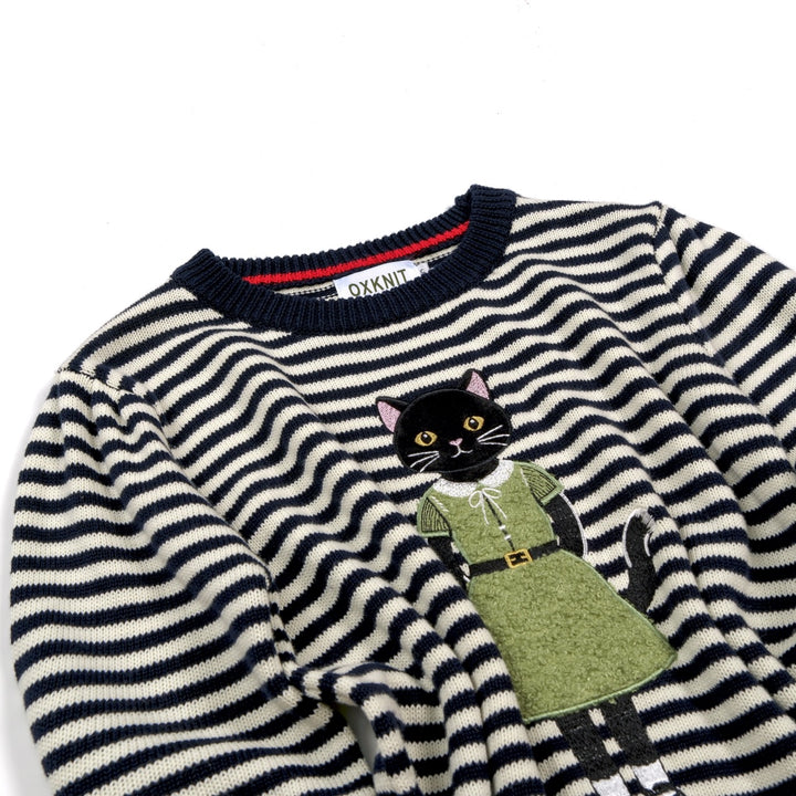 Women's Navy blue and White Striped Fun Cat Embroidered knitwear