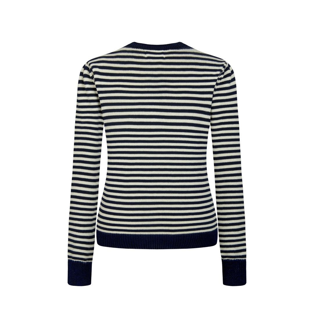 Women's Navy blue and White Striped Fun Cat Embroidered knitwear