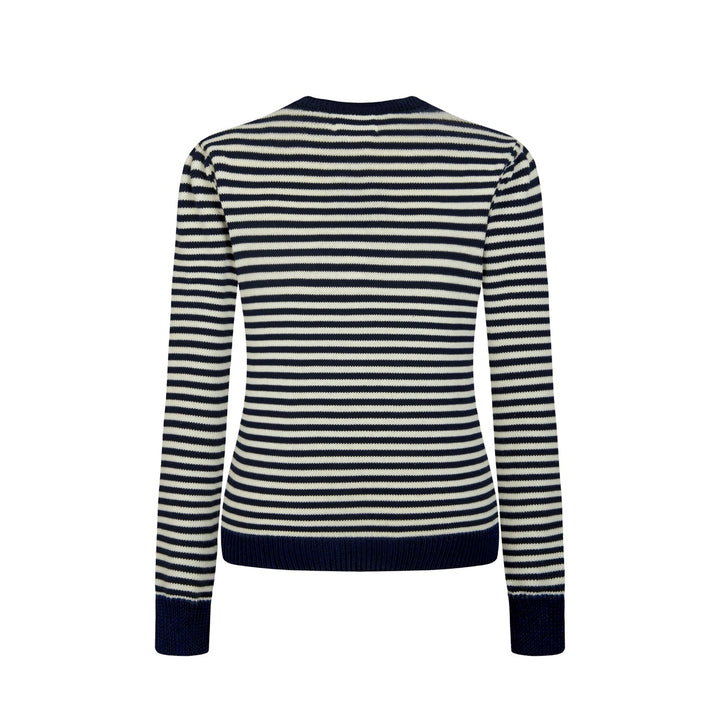 Women's Navy blue and White Striped Fun Cat Embroidered knitwear