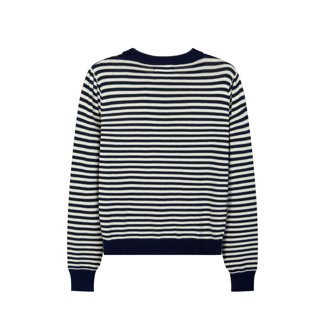 Women's Navy blue and White Striped Fun Cat Embroidered knitwear