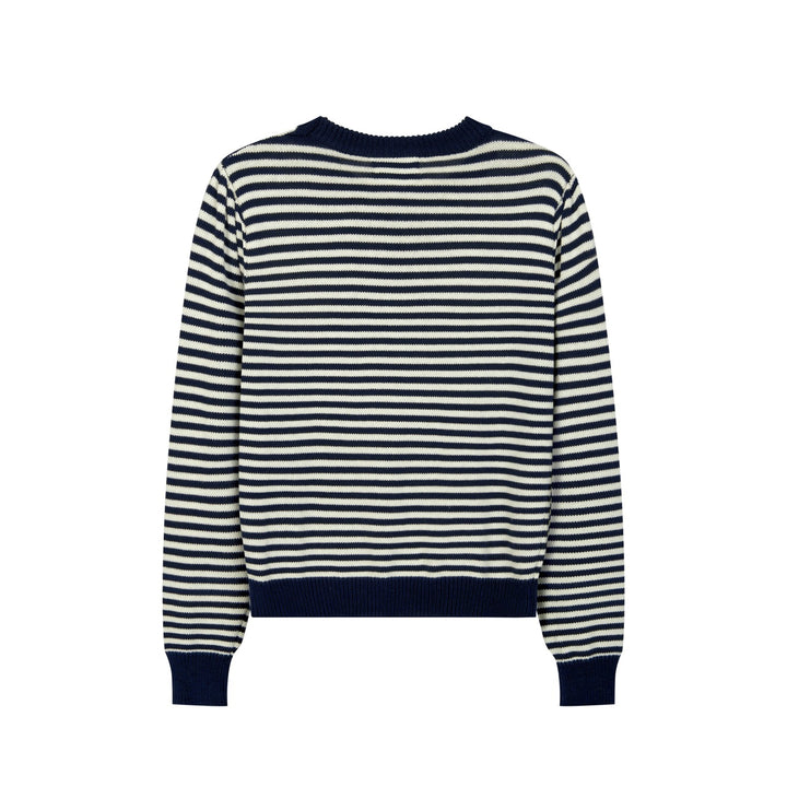 Women's Navy blue and White Striped Fun Cat Embroidered knitwear