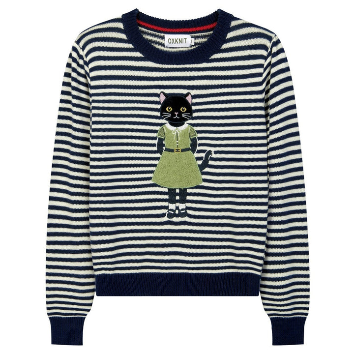 Women's Navy blue and White Striped Fun Cat Embroidered knitwear