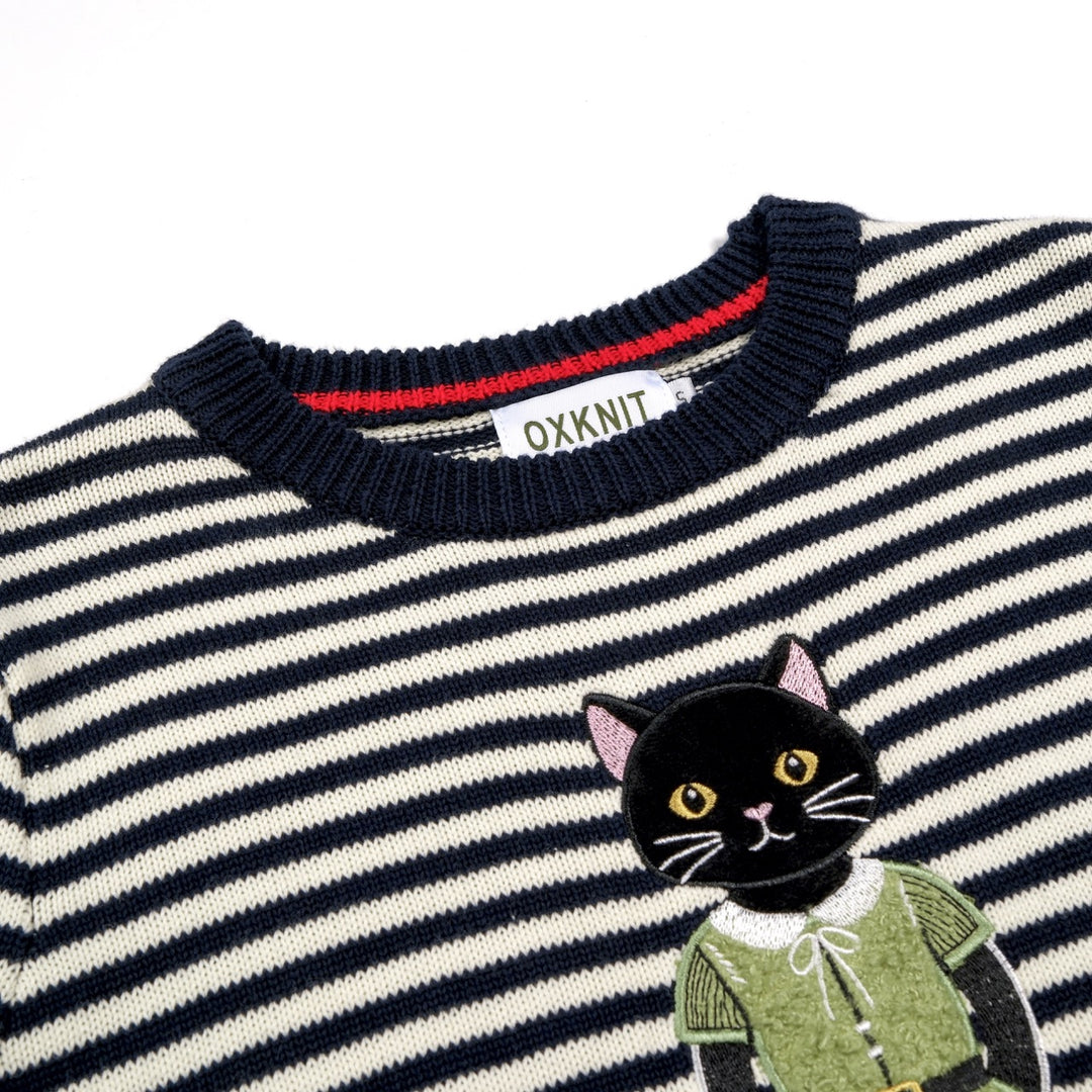 Women's Navy blue and White Striped Fun Cat Embroidered knitwear