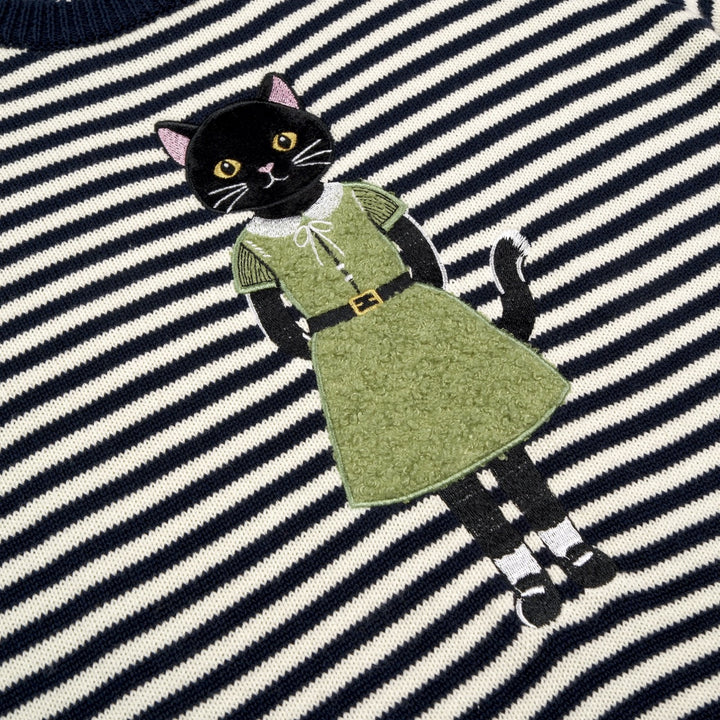 Women's Navy blue and White Striped Fun Cat Embroidered knitwear