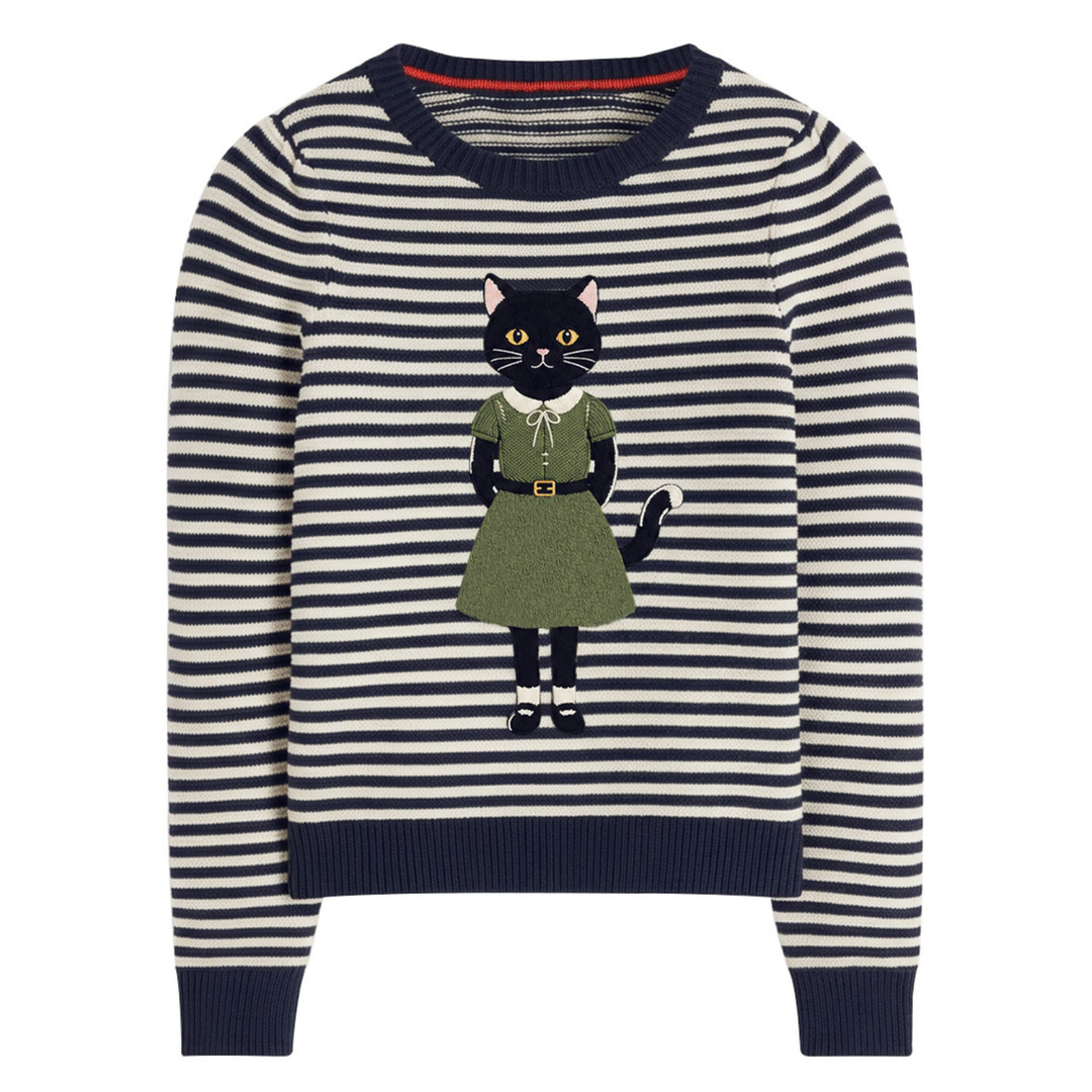 Dames marineblauwe en witte gestreepte trui met geborduurde leuke kat