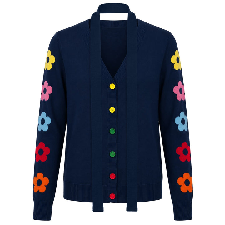 Dame Navy Blå 70'er Farverig Blomstret Jacquardstrikket Cardigan