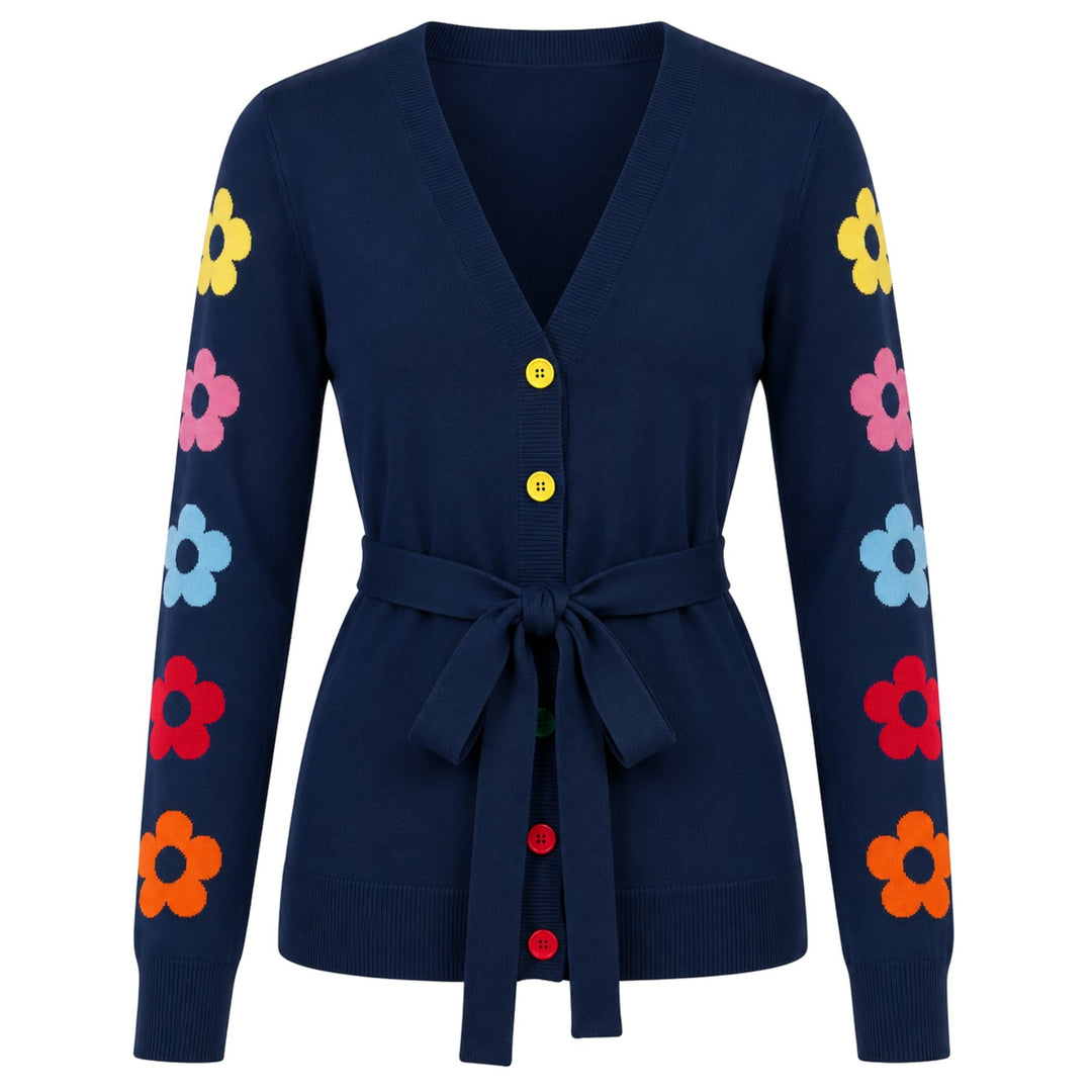 Dame Navy Blå 70'er Farverig Blomstret Jacquardstrikket Cardigan