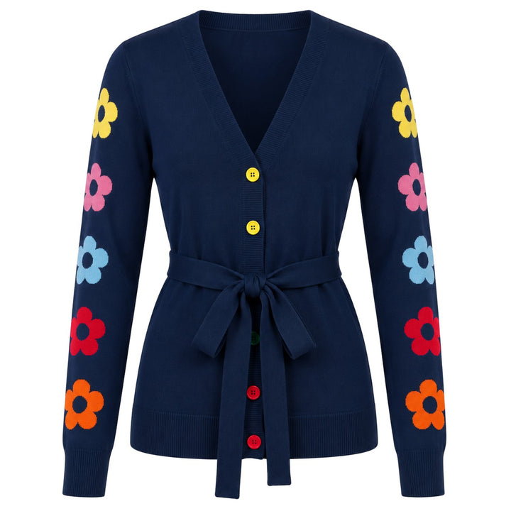 Dame Navy Blå 70'er Farverig Blomstret Jacquardstrikket Cardigan