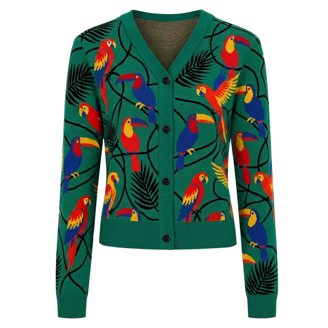 Women's Green Bird Jacquard Knit Cardigan - Cropped Length