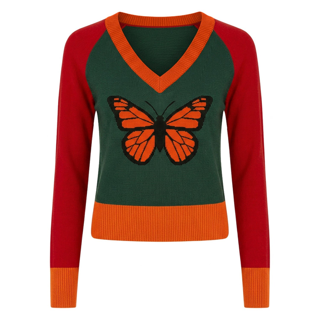 Women's Color Block Butterfly Jacquard Knit Shirt - Cropped Length