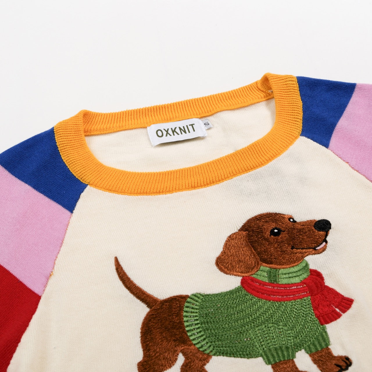 Women's Colorful Striped Dog Embroidered Knit Sweater - Cropped