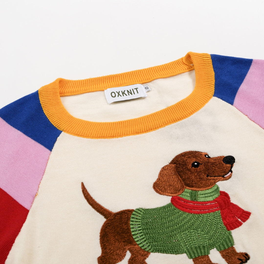 Women's Colorful Striped Dog Embroidered Knit Sweater - Cropped Length