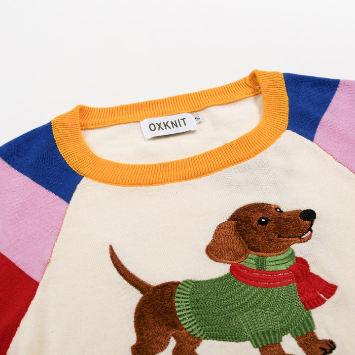 Women's Colorful Striped Dog Embroidered Knit Sweater - Cropped Length