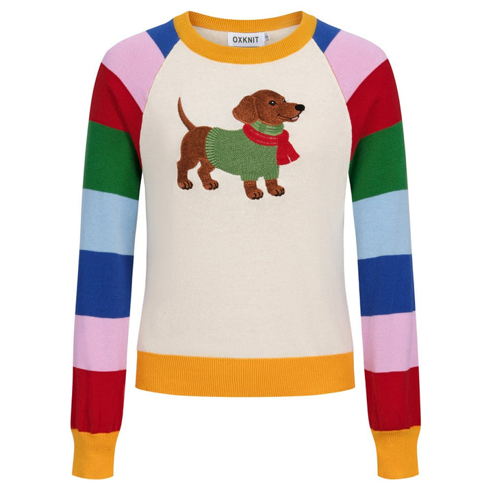 Women's Colorful Striped Dog Embroidered Knit Sweater - Cropped Length