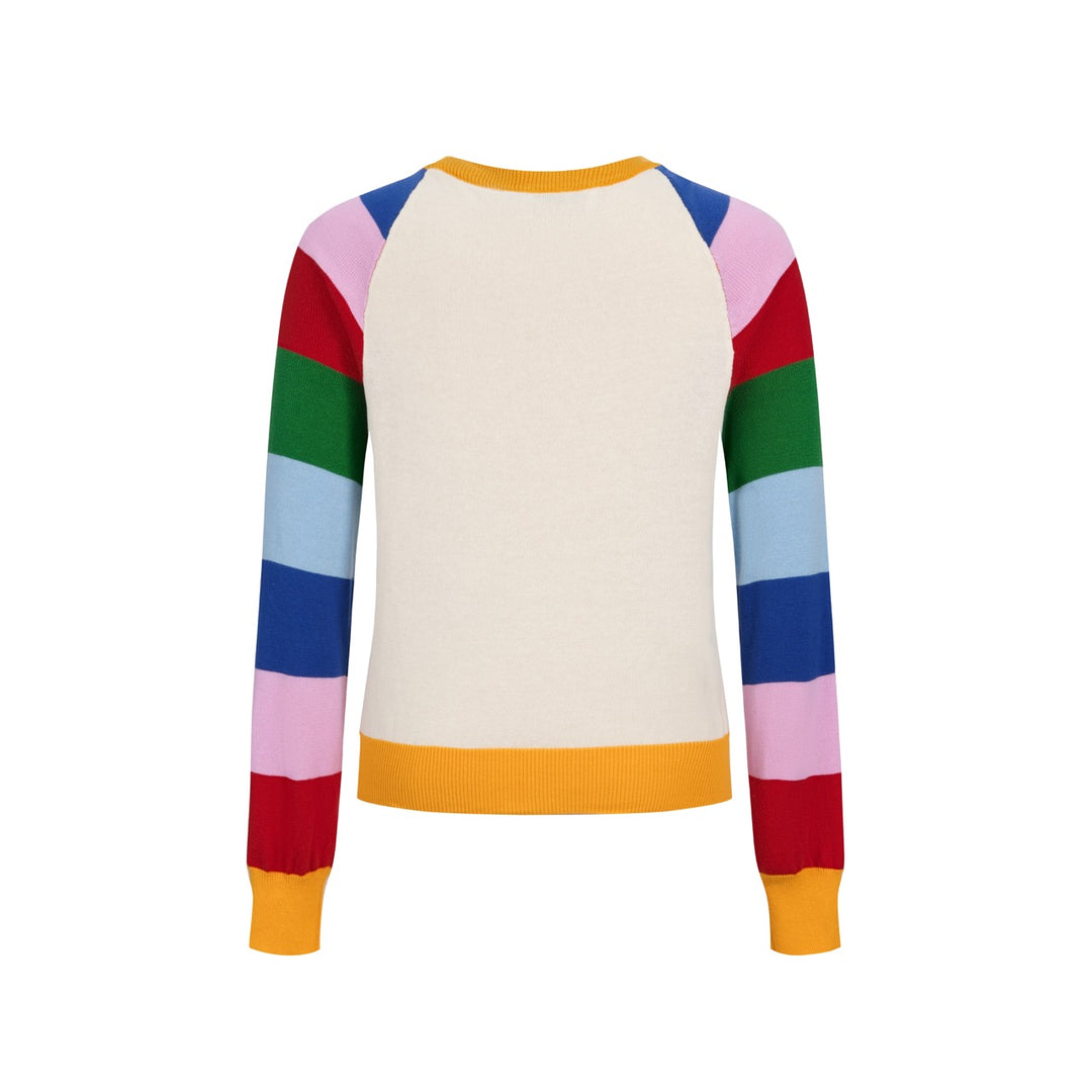 Women's Colorful Striped Dog Embroidered Knit Sweater - Cropped Length