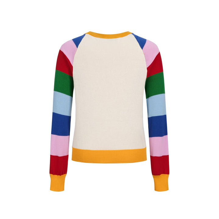 Women's Colorful Striped Dog Embroidered Knit Sweater - Cropped Length