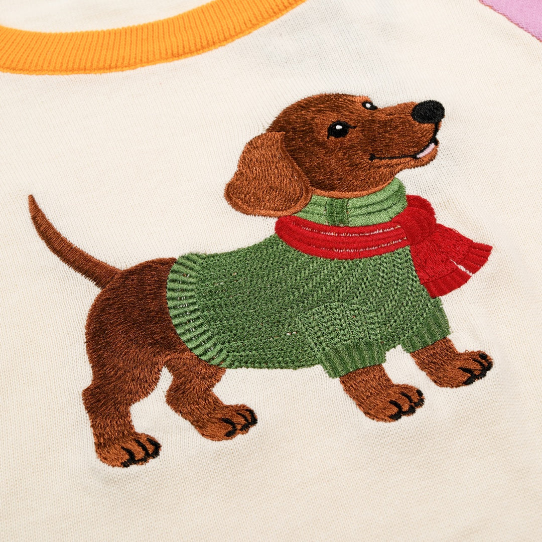 Women's Colorful Striped Dog Embroidered Knit Sweater - Cropped Length
