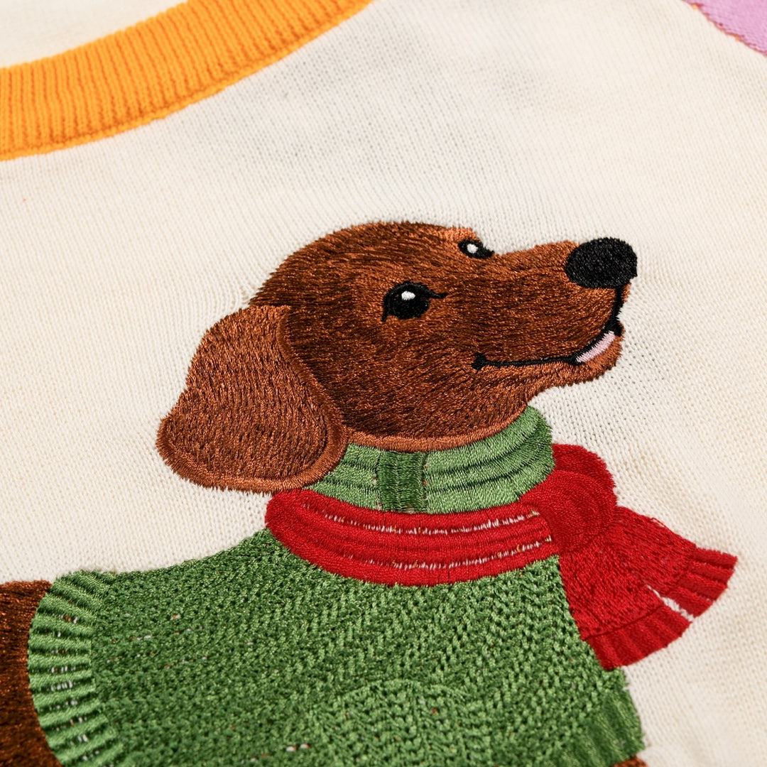 Women's Colorful Striped Dog Embroidered Knit Sweater - Cropped Length