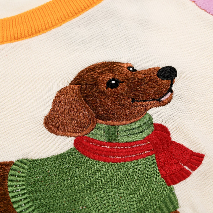 Women's Colorful Striped Dog Embroidered Knit Sweater - Cropped Length