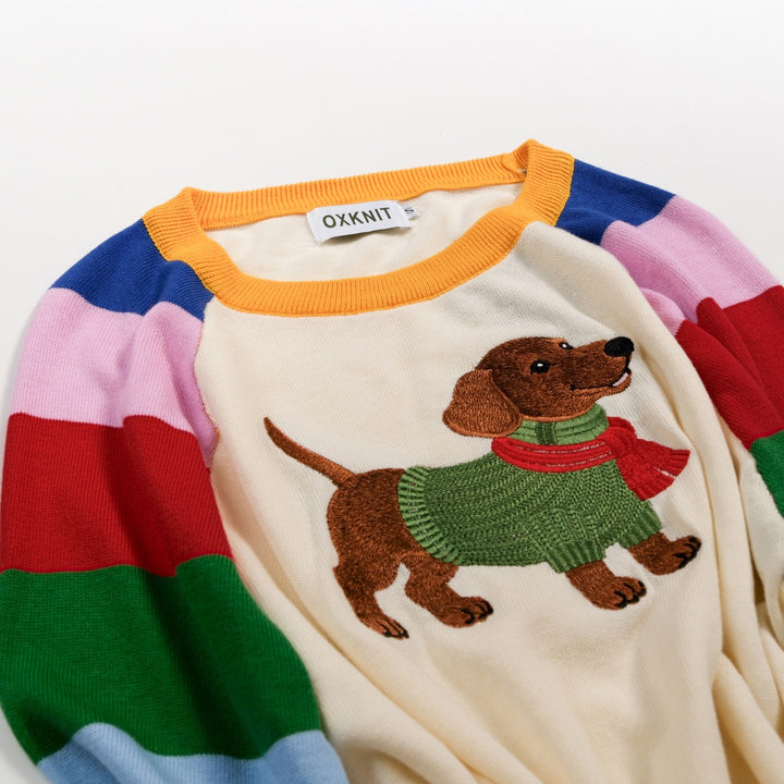 Women's Colorful Striped Dog Embroidered Knit Sweater - Cropped Length