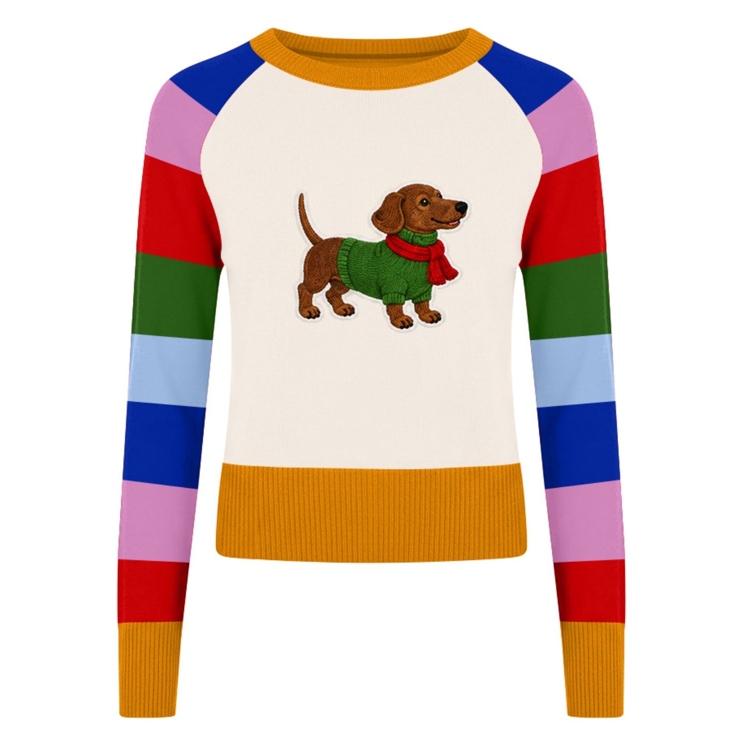 Women's Colorful Striped Dog Embroidered Knit Sweater - Cropped