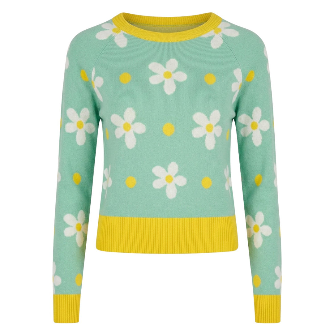 Women's Mint Green Daisy Floral Jacquard Knit Shirt - Cropped Length