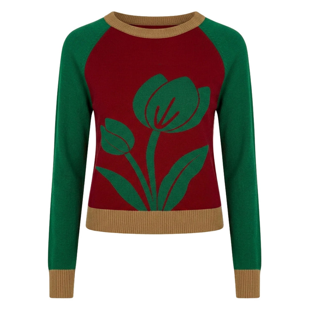 Women's 70s Tulip Floral Jacquard Knit Shirt - Cropped Length