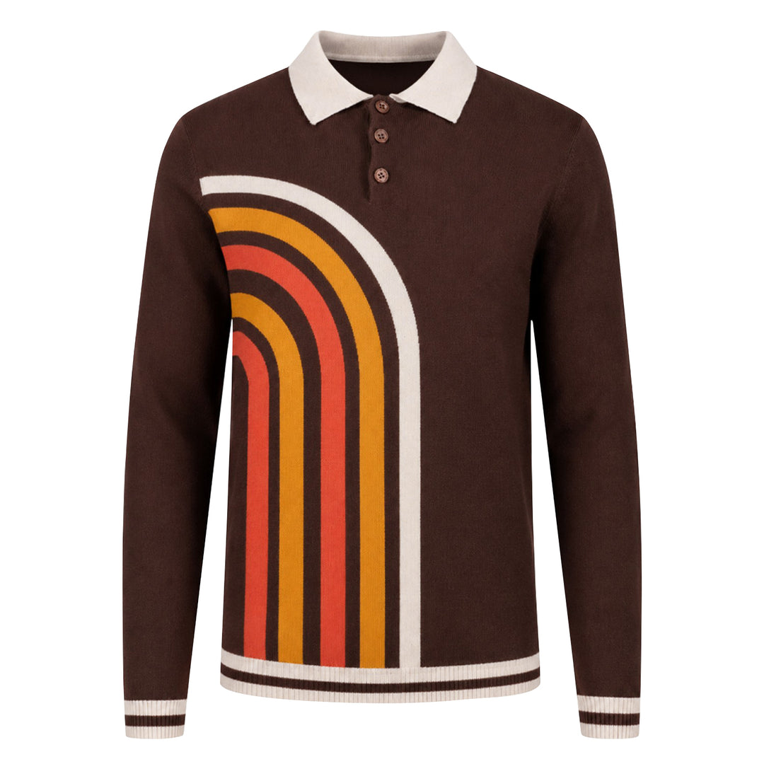 Men's Brown 70s Rainbow Arc Jacquard Polo Knit Shirt