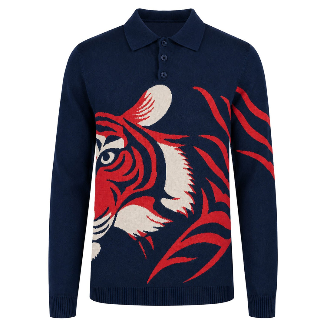 Men's Navy Blue Tiger Jacquard Polo Knit Shirt