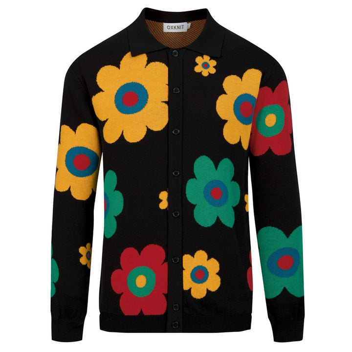 Men's Black 70s Colorful Floral Jacquard Polo Knit Cardigan