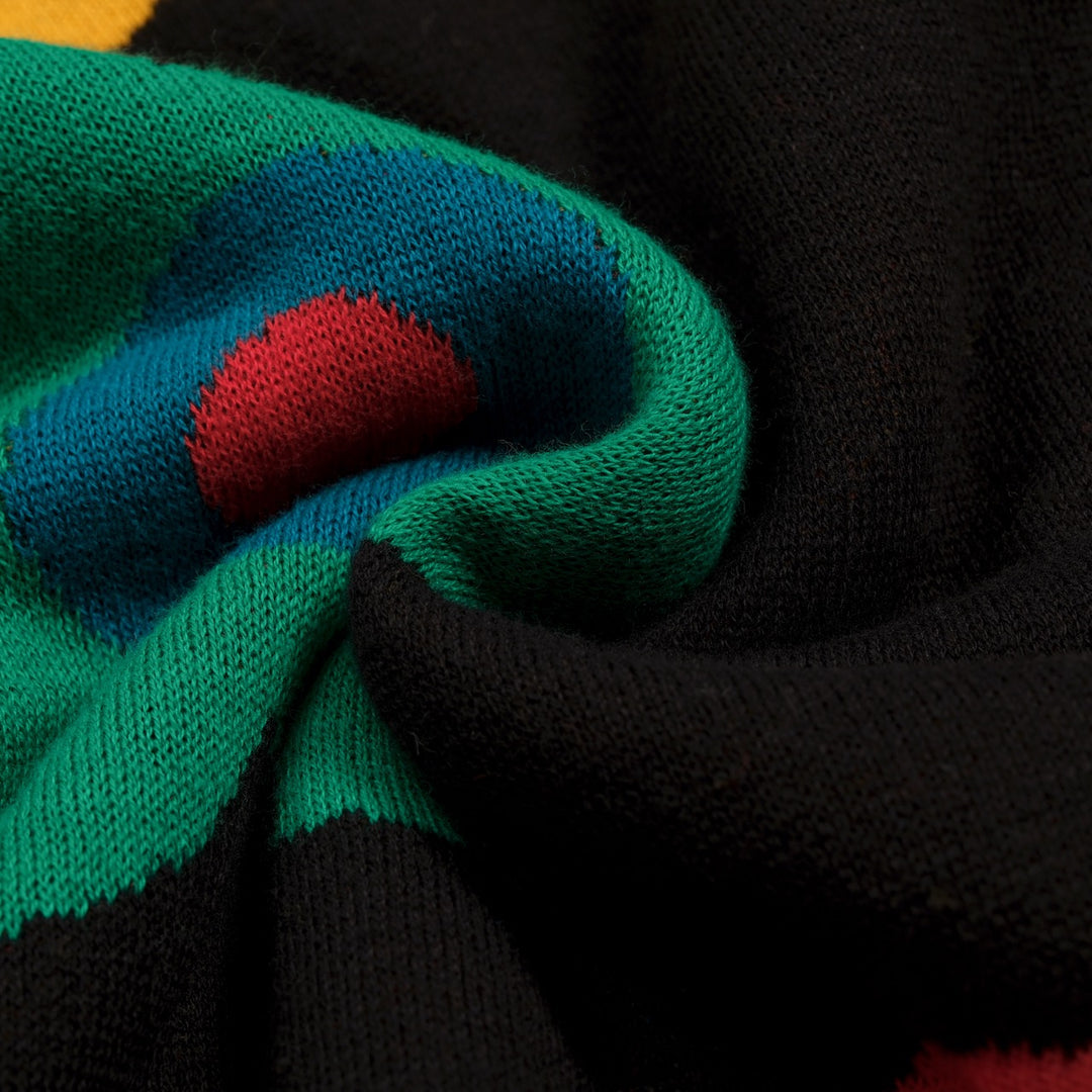 Men's Black 70s Colorful Floral Jacquard Polo Knit Cardigan