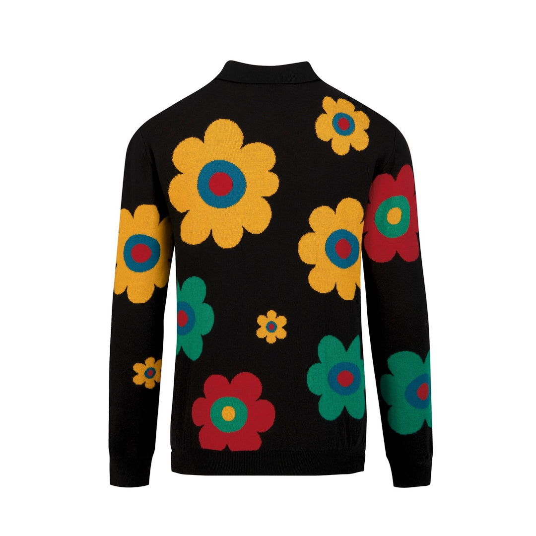 Men's Black 70s Colorful Floral Jacquard Polo Knit Cardigan