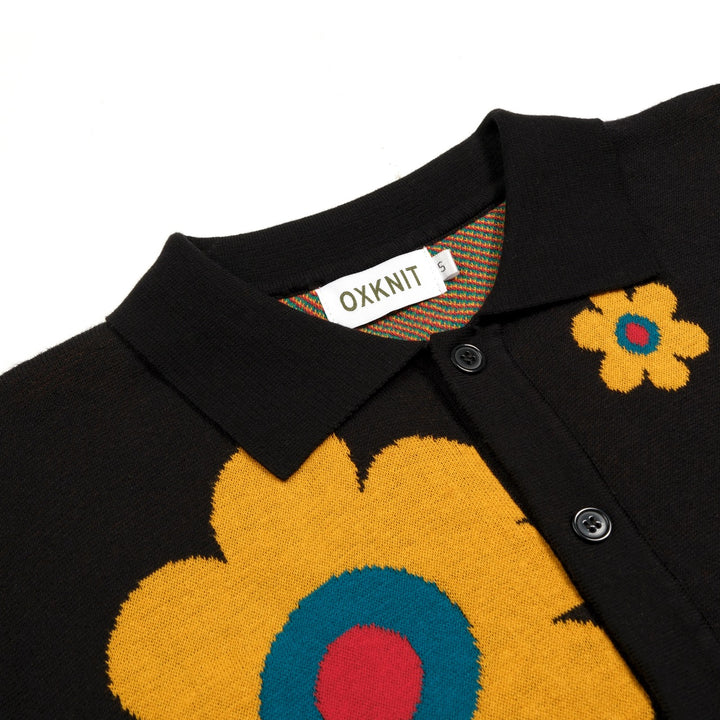 Men's Black 70s Colorful Floral Jacquard Polo Knit Cardigan
