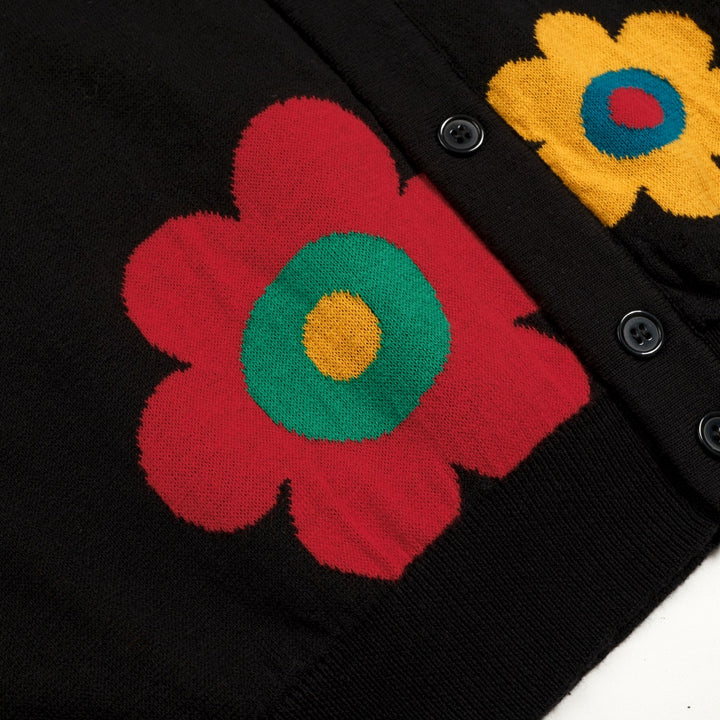 Men's Black 70s Colorful Floral Jacquard Polo Knit Cardigan